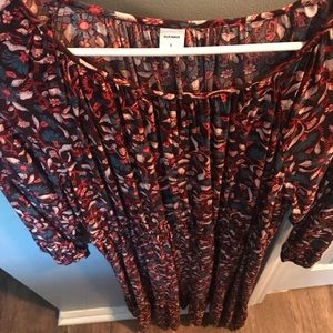 Old Navy dress, beige, blue, orange  print. Drop waist elastic